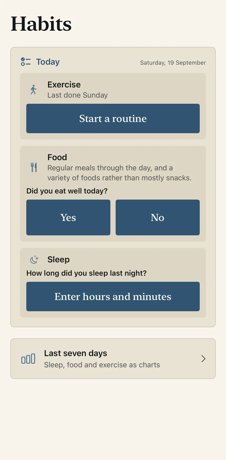 Centile Habits screen with exercise, food and sleep check-ins for today, and the last seven days.