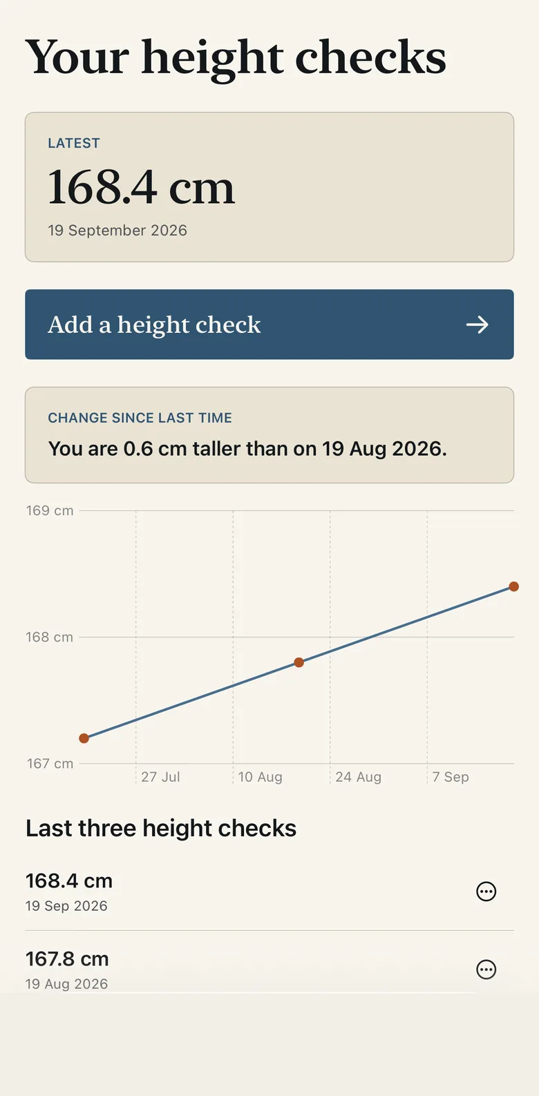 Centile Progress screen showing example height checks, the change since last time and a chart.