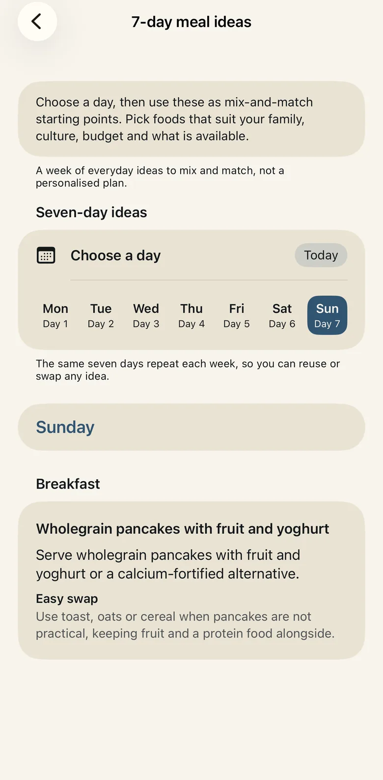 Centile 7-day meal ideas screen with a day picker and Sunday’s breakfast.