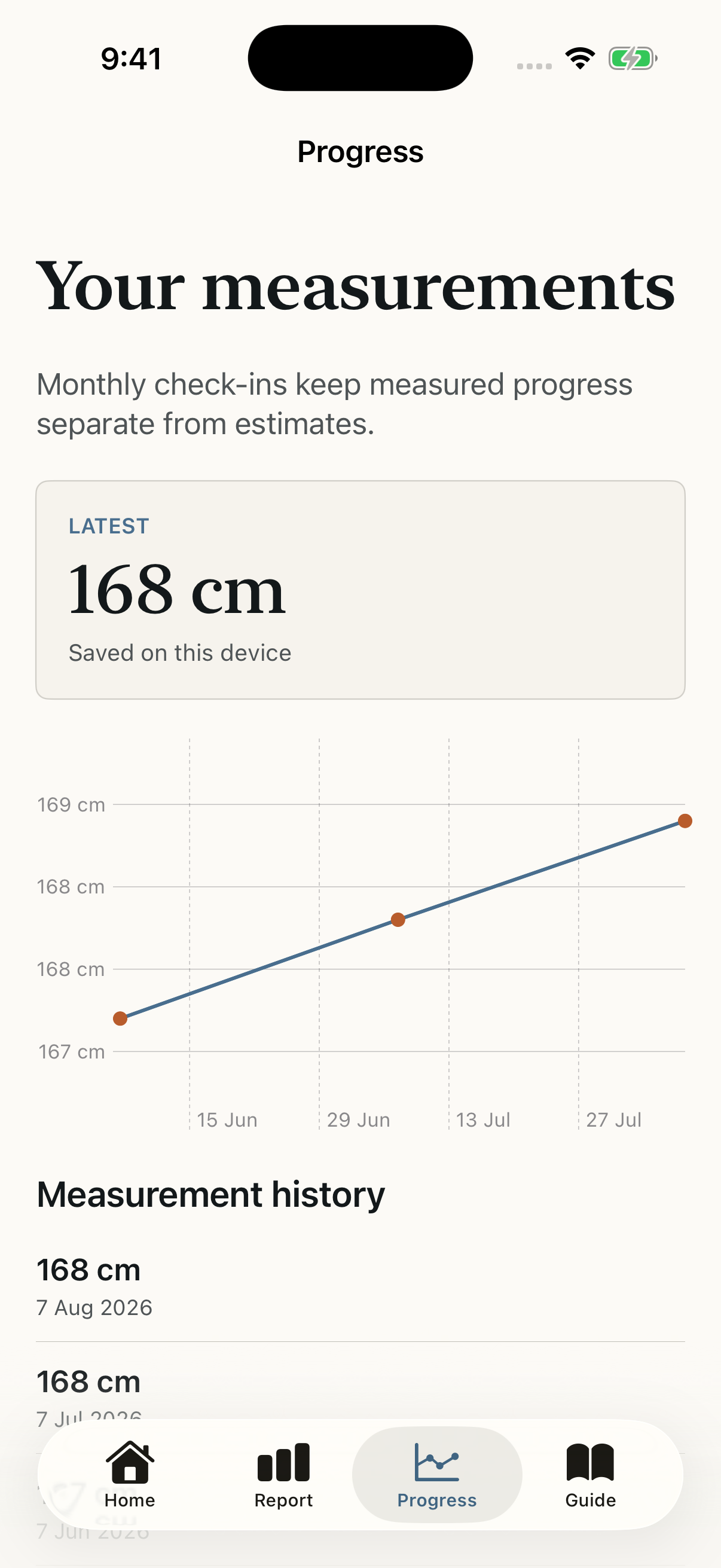Centile Progress screen showing dated synthetic height measurements and a chart kept separate from estimates.