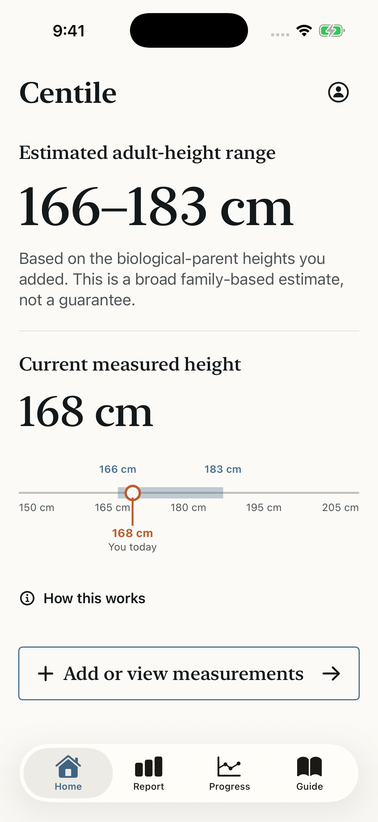 Current Centile iPhone interface showing a broad estimated adult-height range, measured height and local navigation.
